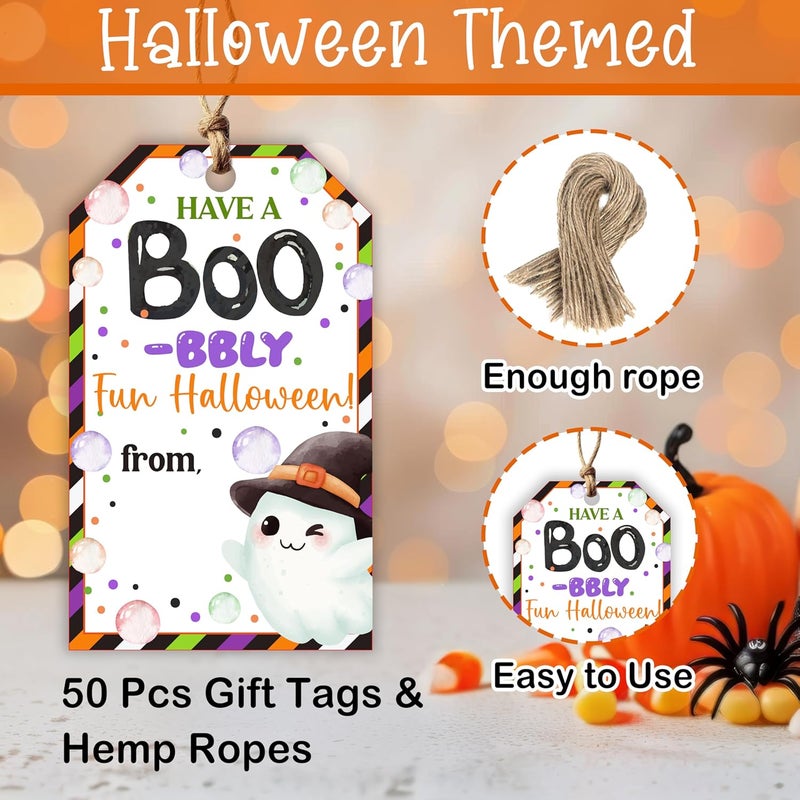 HandEasy 50 Pcs Halloween Tags with String, 2.1"×3.5" Ghost Paper Gifts Tags, Boo Trick or Treat for Candy, Halloween Gifts Tag Wrap for Party Favor - B07 - Image 2